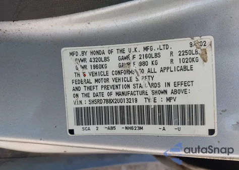 2002 Honda Cr-V Ex from USA, damaged, VIN SHSRD788X2U013219